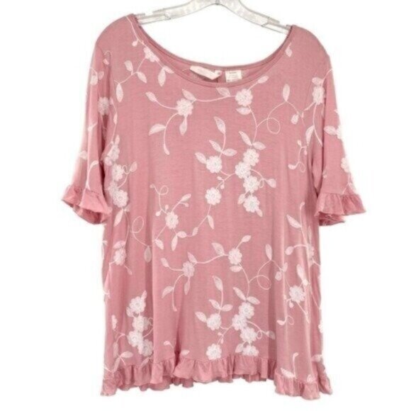 Forgotten Grace Women’s Pink Embroidered Peasant Ruffle Top - Picture 1 of 9